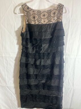 London Times Black Tiered Lace Midi Dress with Beige Crochet Yoke